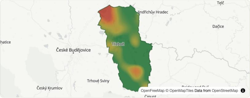 Detailní 2km mikroklima mapa CHKO Třeboňsko — hotspoty uvnitř oblasti