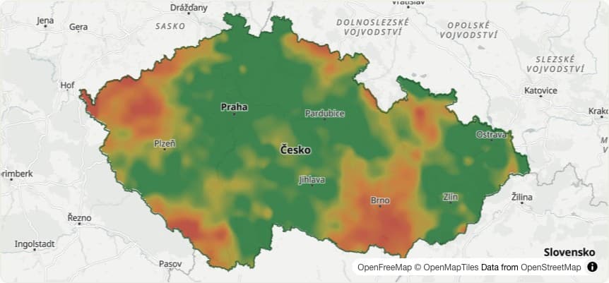 Celorepubliková heatmapa výskytu hřibu smrkového — kde dnes nejlépe roste